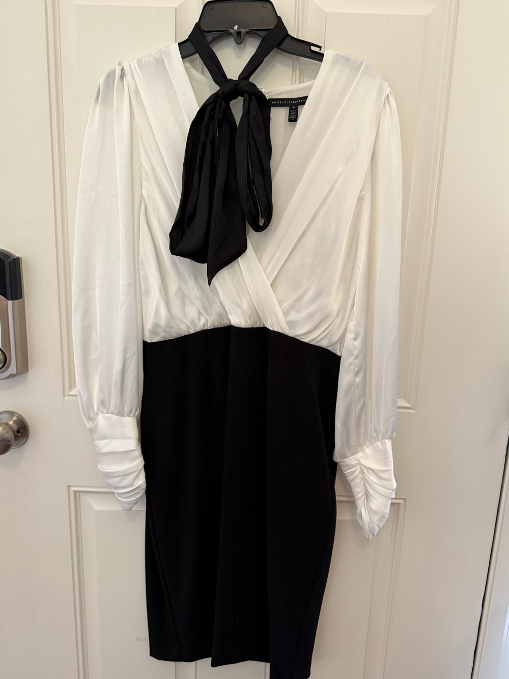 White House Black Market Black & White Long-Sleeve Tie-Neck Dress - Picture 2 of 5